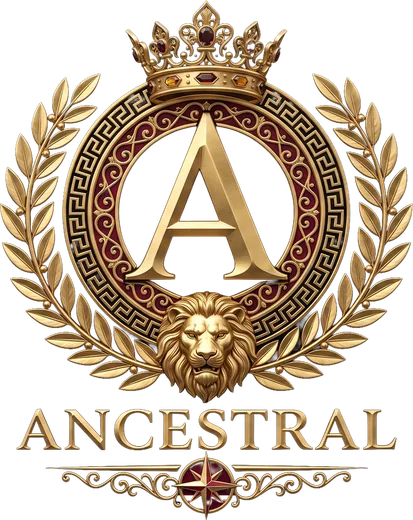 Ancestral crest — crowned A in a laurel wreath over a lion