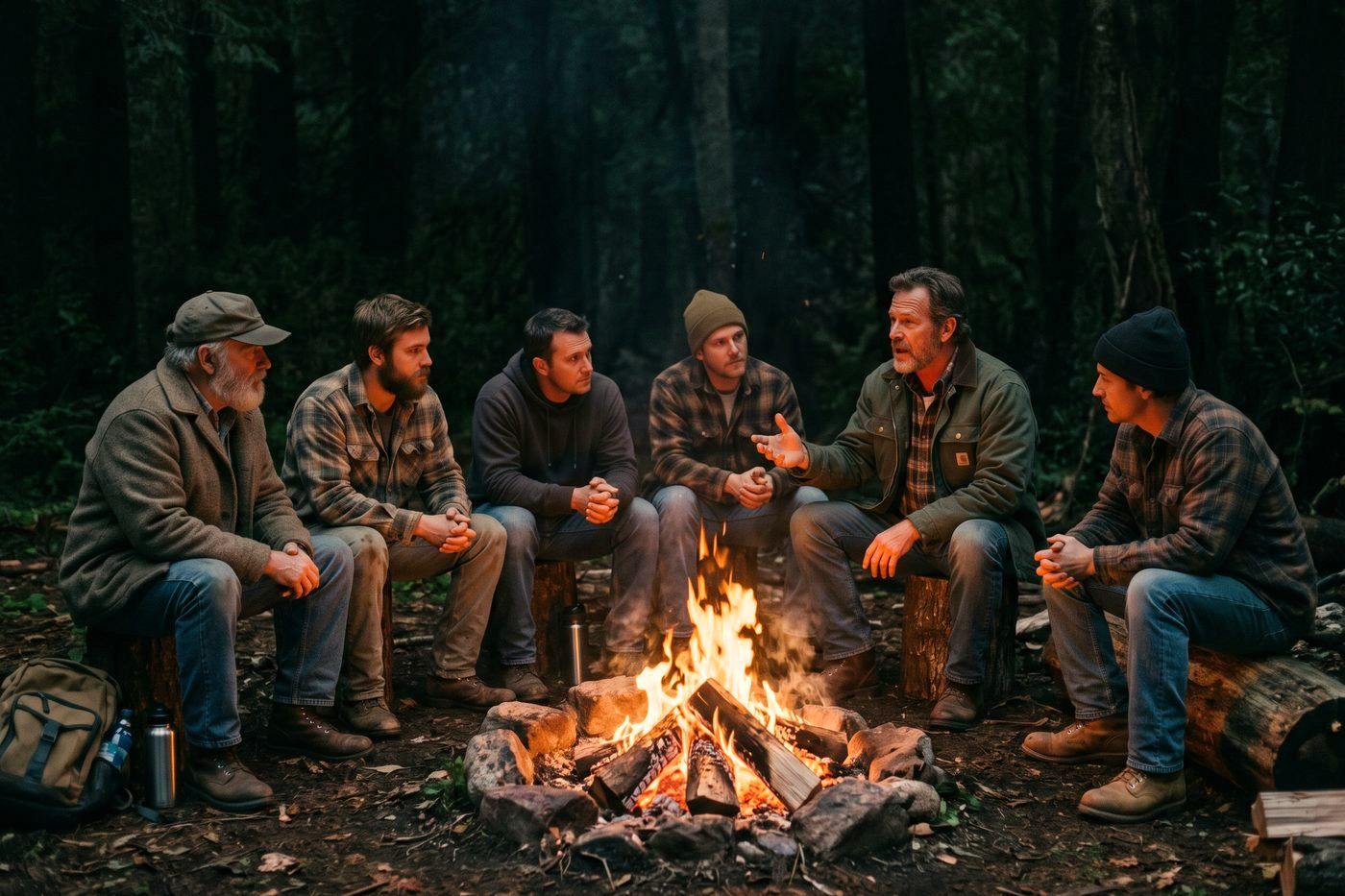 Men sitting together around a campfire at night, one speaking while the others listen