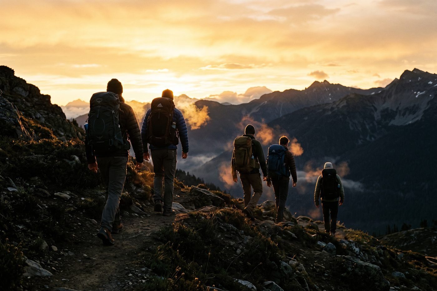 Five men walking a mountain trail at sunrise with packs on