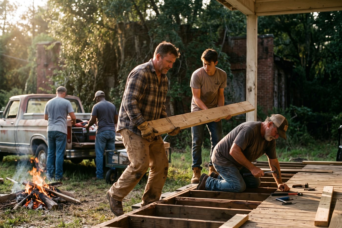 Men rebuilding a porch together in late afternoon light